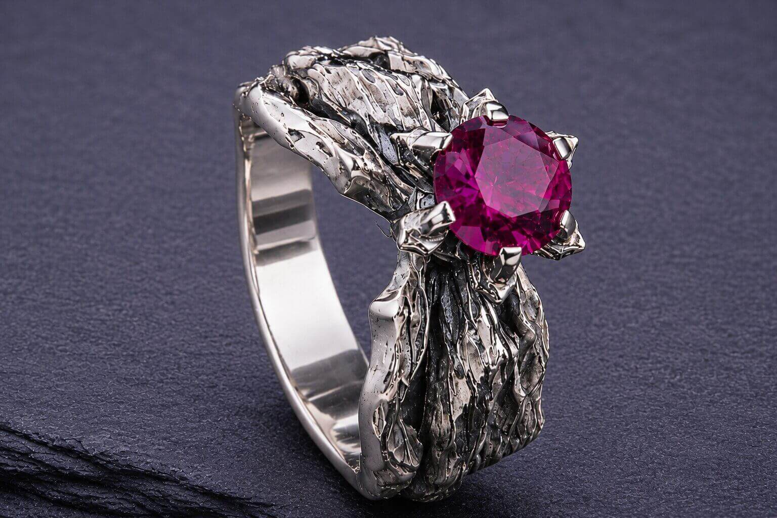 Silver branch ring with round ruby gemstone and bark texture band