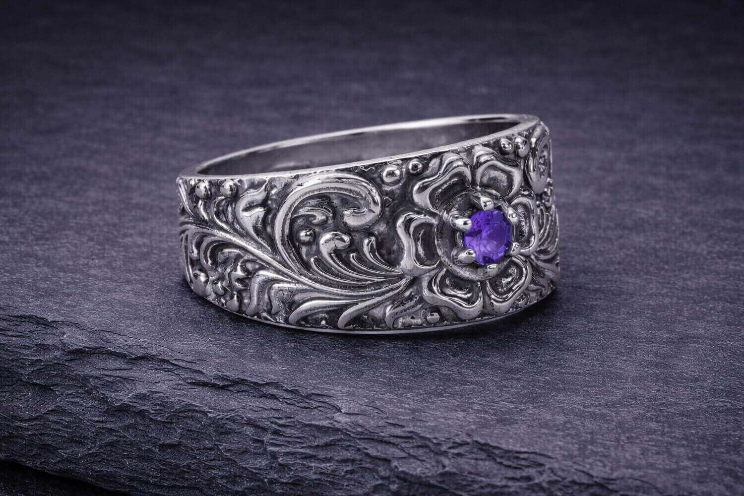 Silver Floral Band Ring with Amethyst