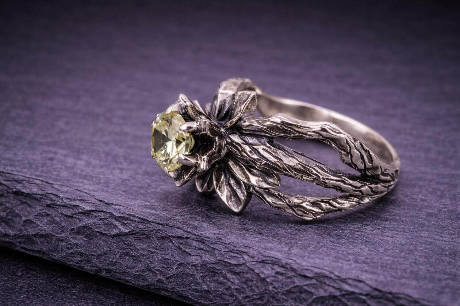 Silver Flower Ring with Peridot Gemstone
