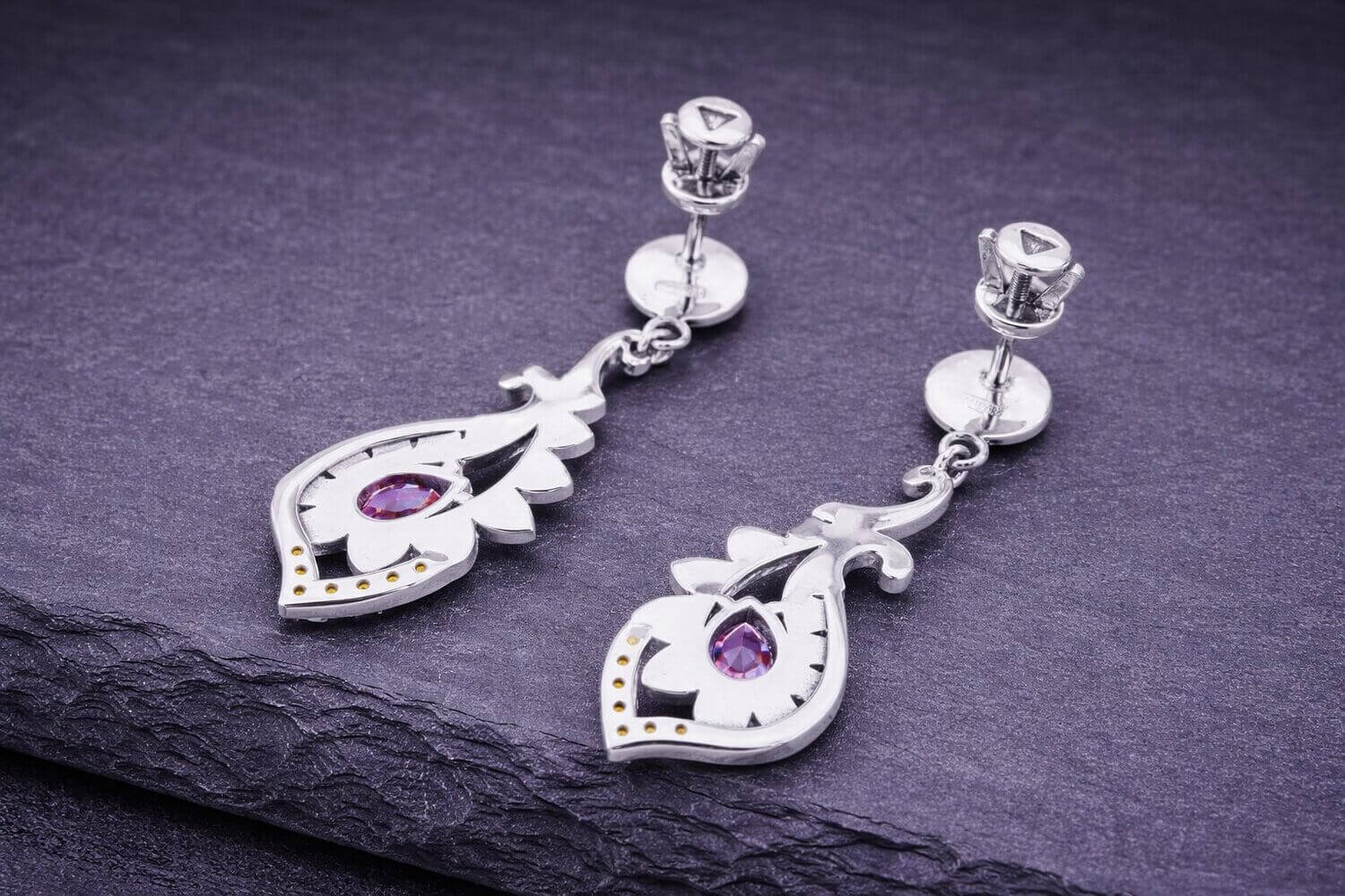 Silver Lotus Drop Earrings with Amethyst