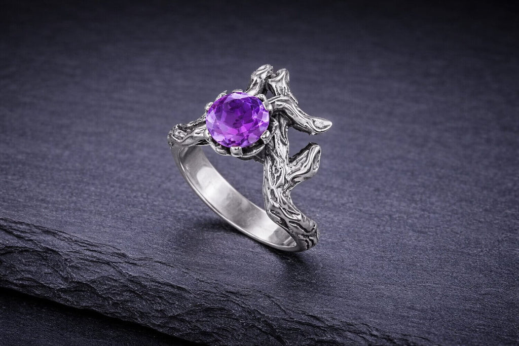 Silver Branch Ring Purple Cubic Zirconia