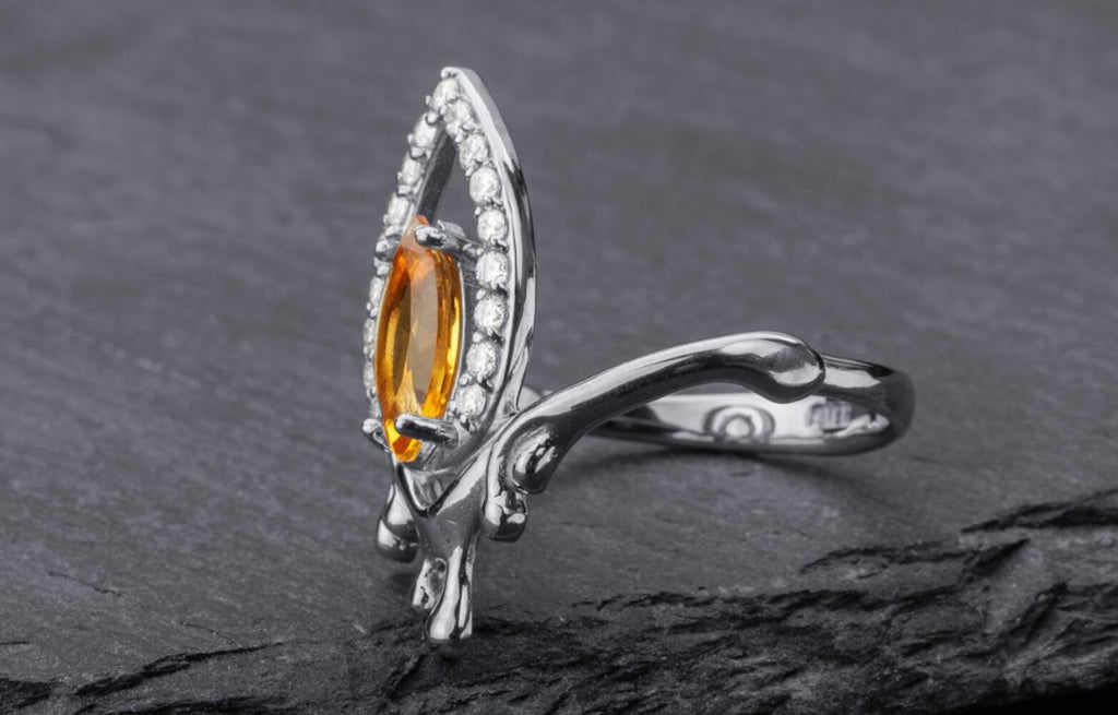 Silver Flame Halo Ring Yellow Cubic Zirconia