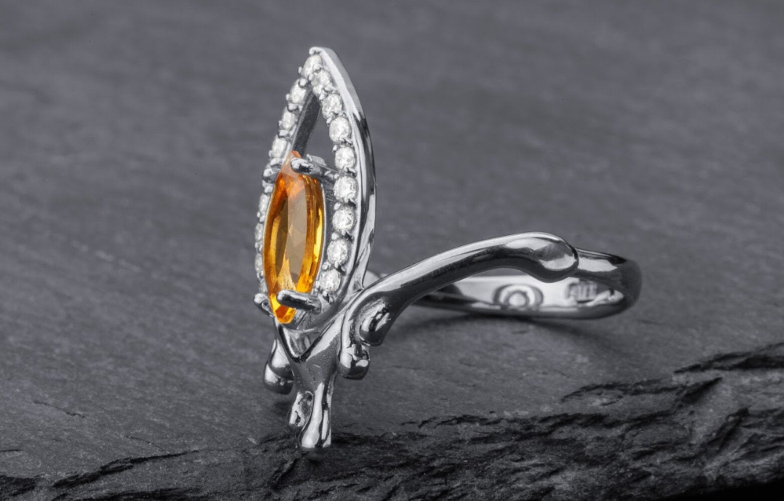 Silver Flame Halo Ring Yellow Cubic Zirconia