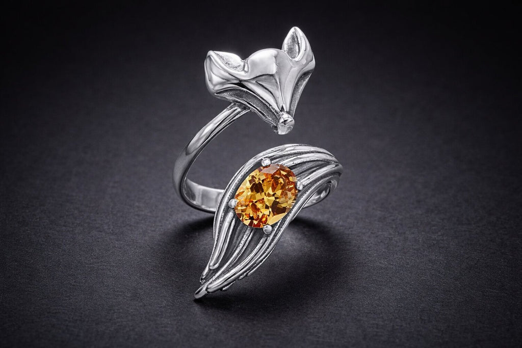 Sterling silver fox wrap ring with yellow cubic zirconia center stone and detailed fox face design