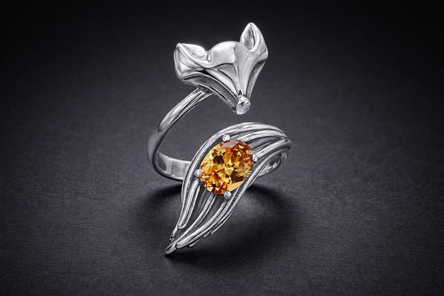 Sterling silver fox wrap ring with yellow cubic zirconia center stone and detailed fox face design