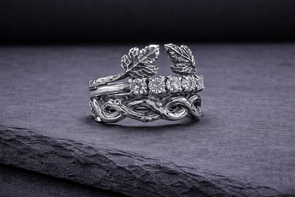 Silver Leaf Branch Stacking Ring Cubic Zirconia