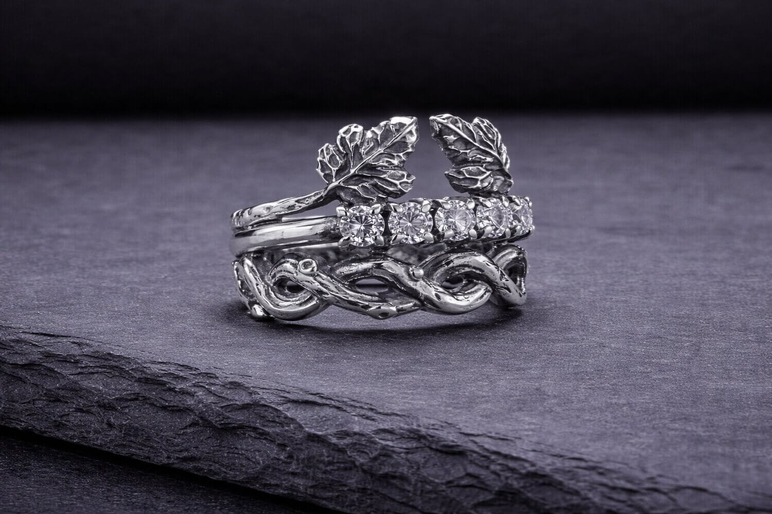 Silver Leaf Branch Stacking Ring Cubic Zirconia
