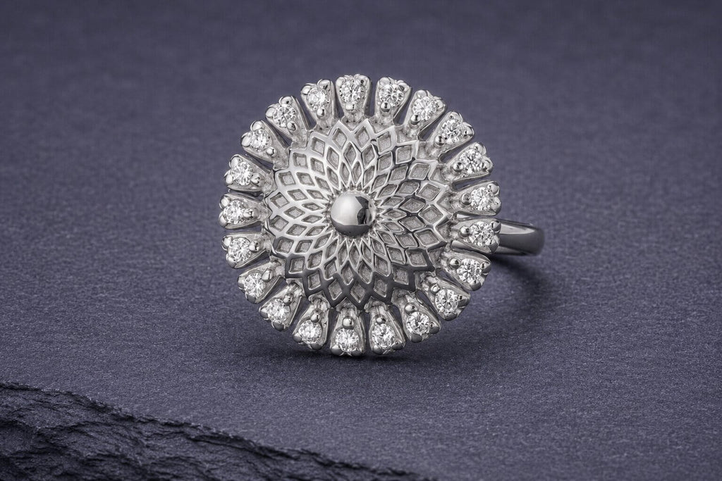 Sterling silver mandala ring with domed center and cubic zirconia accent stones in intricate geometric lattice pattern