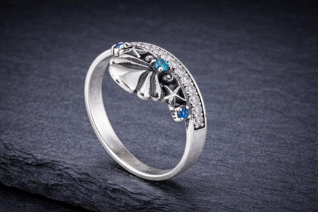 Silver Mermaid Crown Ring Blue Cubic Zirconia
