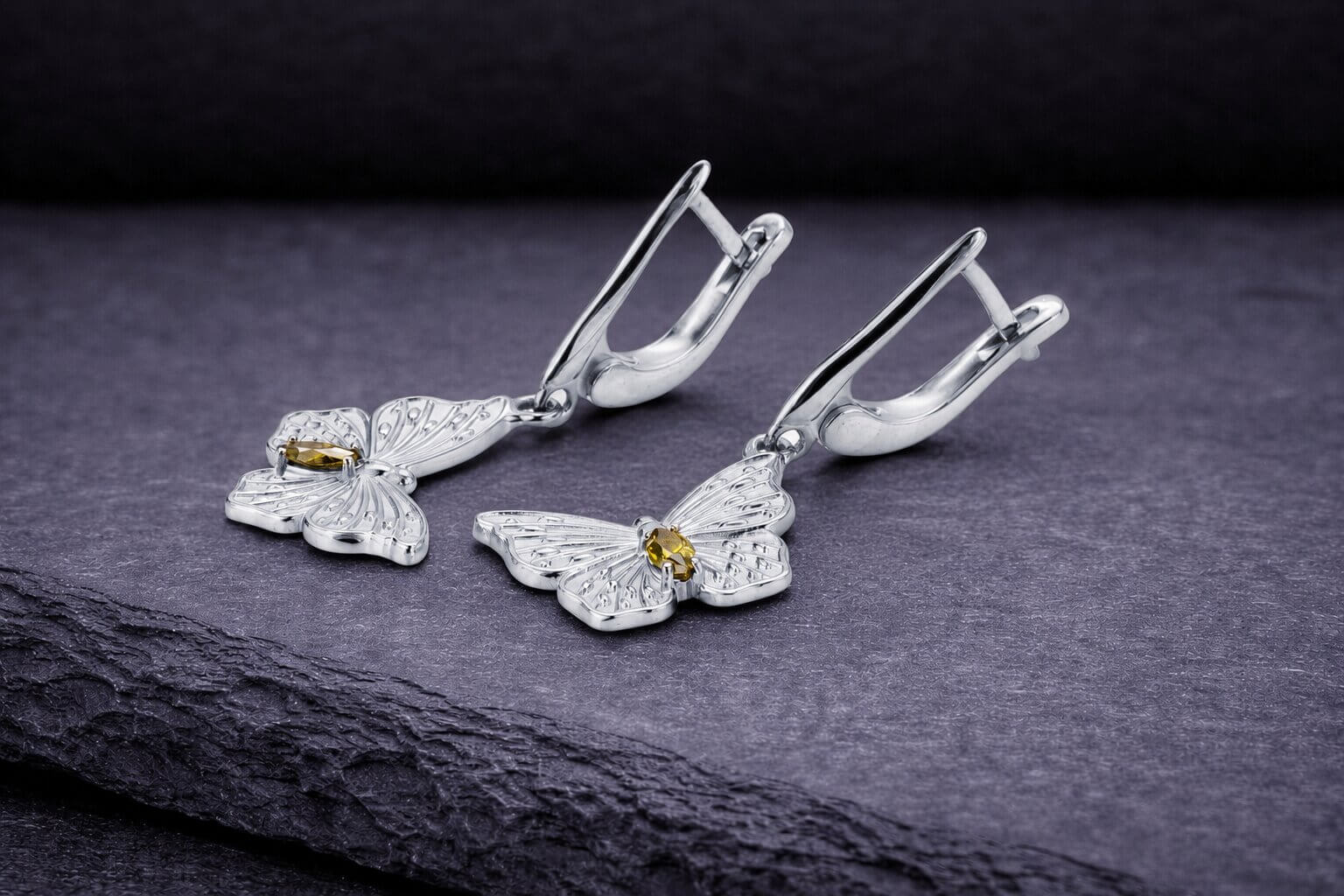 Sterling silver butterfly drop earrings with citrine gemstones