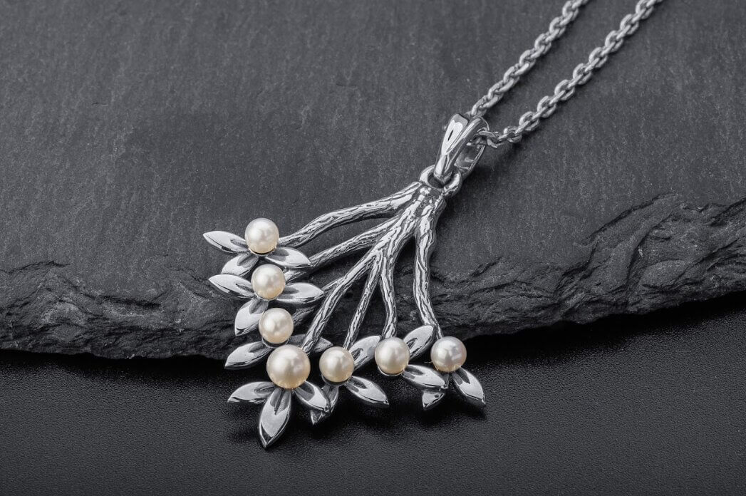 Sterling silver flower branch pendant necklace with freshwater pearls
