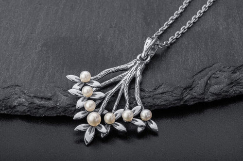 Sterling silver flower branch pendant necklace with freshwater pearls
