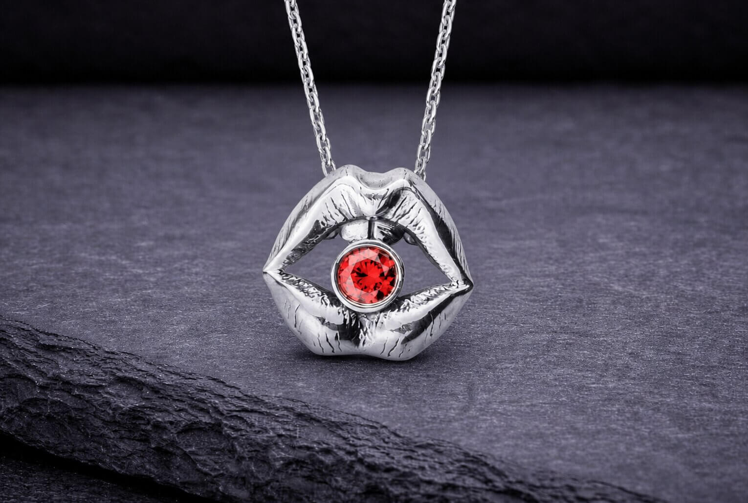 Sterling silver lips pendant necklace with red garnet gemstone