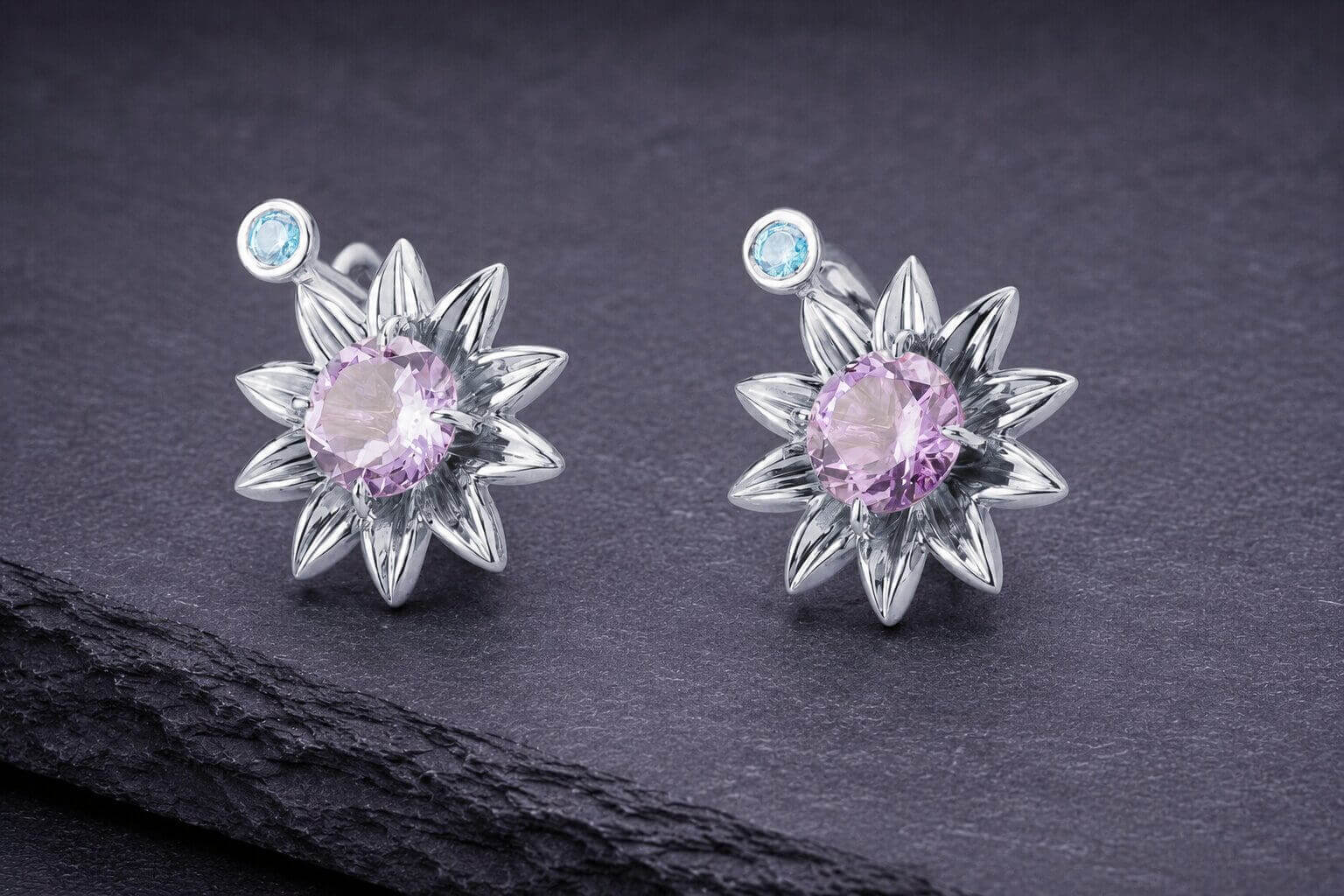 Sterling silver lotus flower stud earrings with purple and blue gemstones