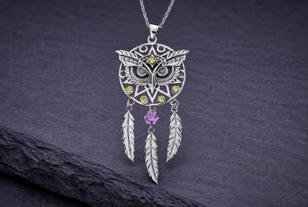 Sterling silver owl dreamcatcher necklace with silver feathers and amethyst gemstone