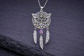 Sterling silver owl dreamcatcher necklace with silver feathers and amethyst gemstone