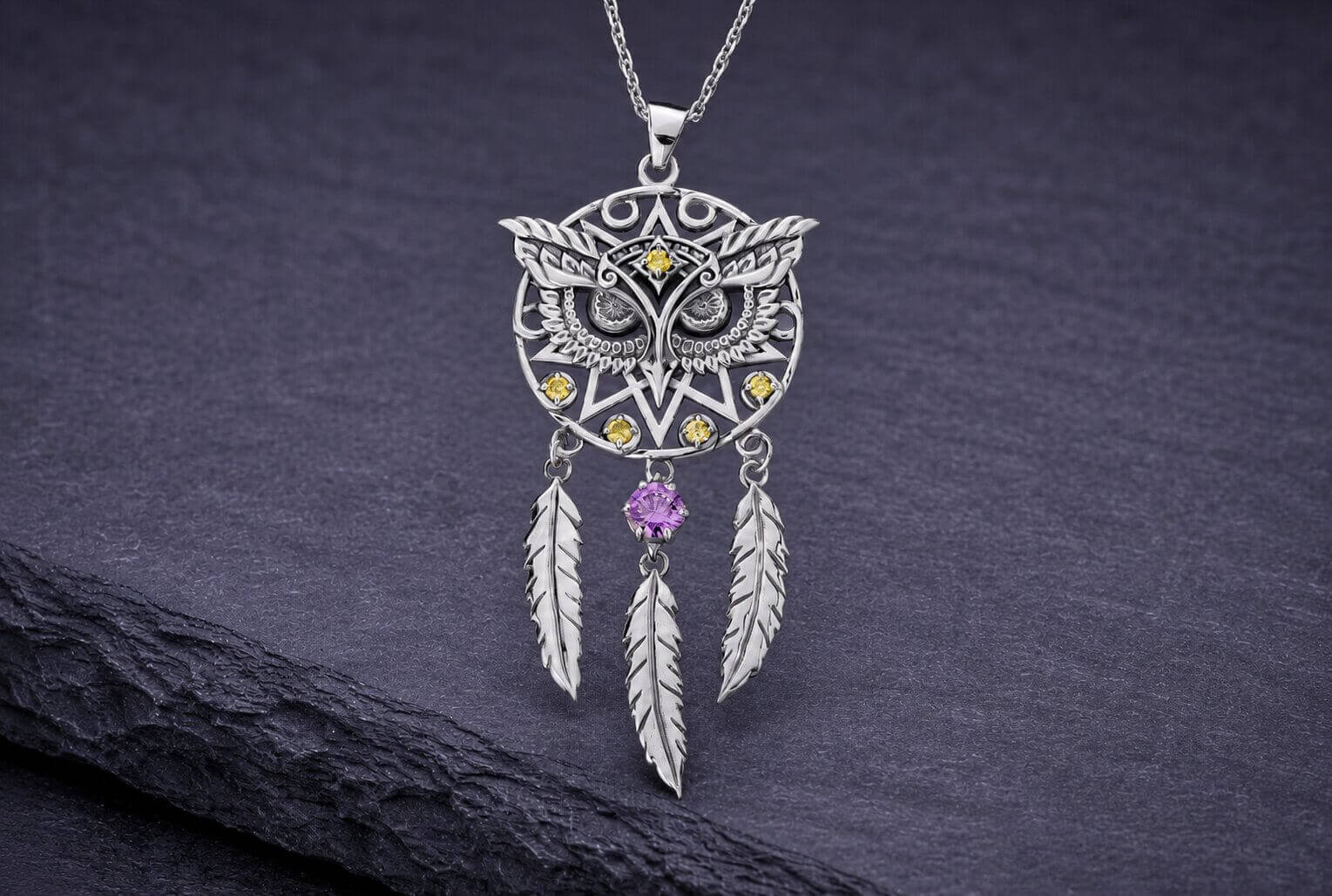 Sterling silver owl dreamcatcher necklace with silver feathers and amethyst gemstone