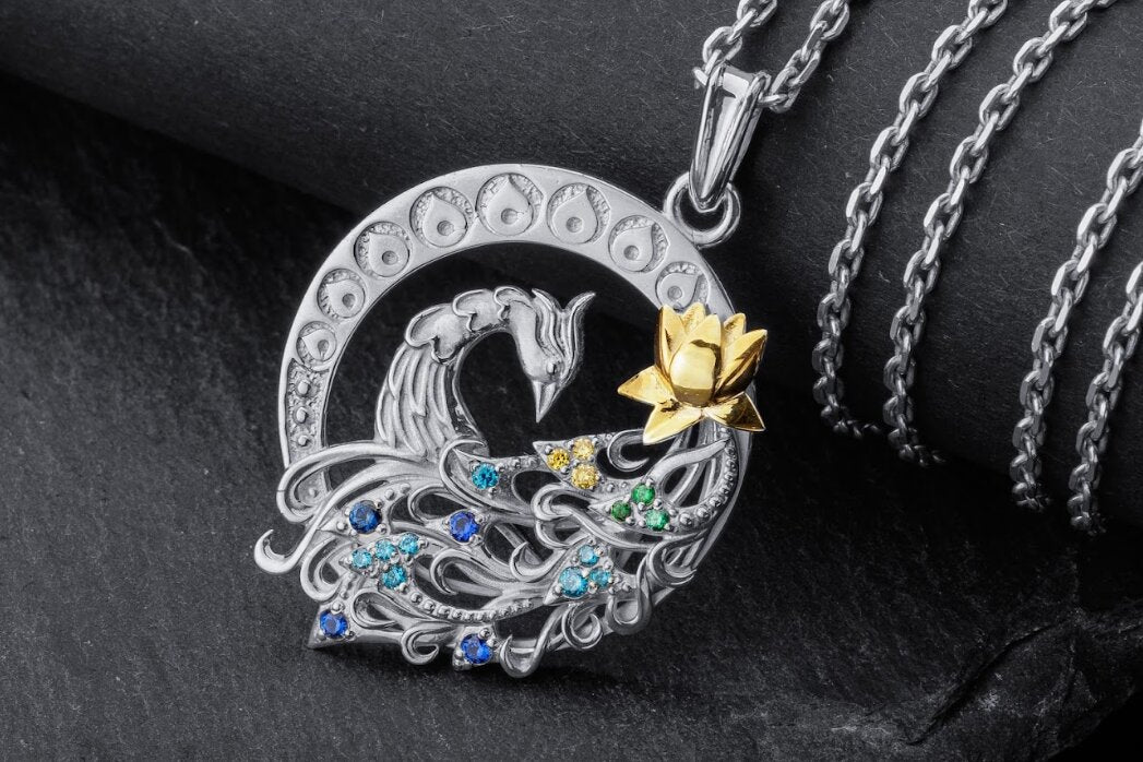 Sterling silver peacock necklace with gold lotus flower and blue green gemstones