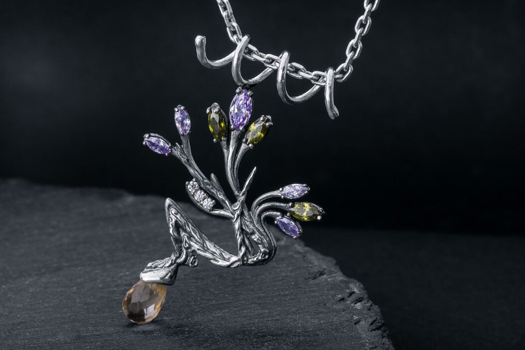 Sterling silver vine branch pendant necklace with amethyst peridot and citrine gemstones
