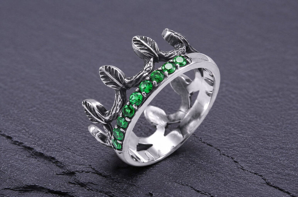 Sterling silver leaf crown ring with green cubic zirconia stones and oxidized detail
