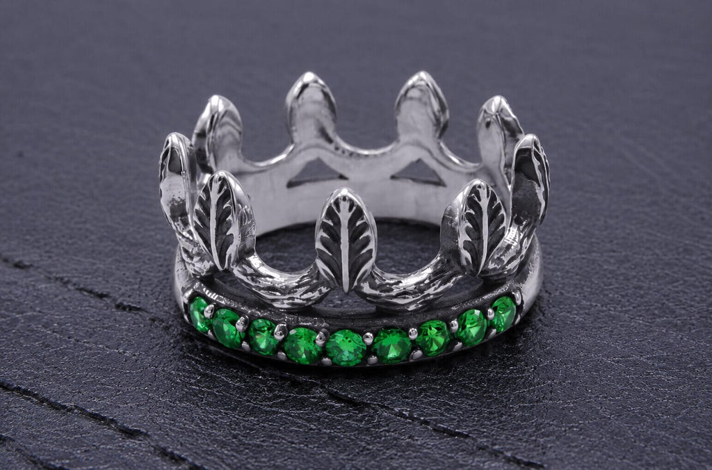Silver Leaf Crown Ring Green Cubic Zirconia