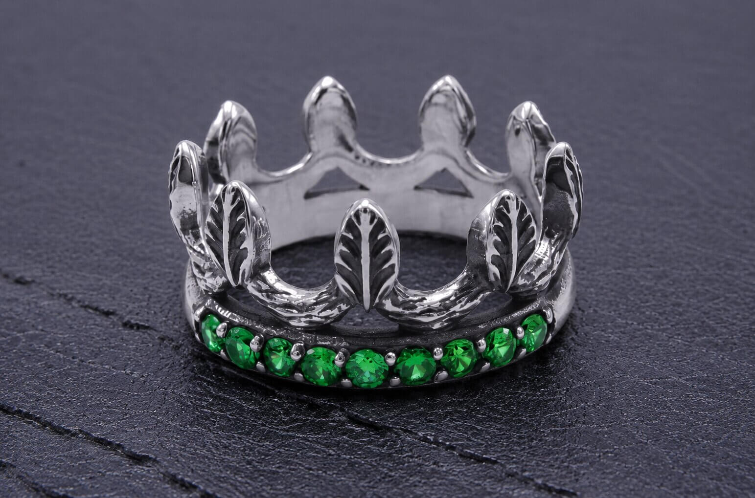 Silver Leaf Crown Ring Green Cubic Zirconia