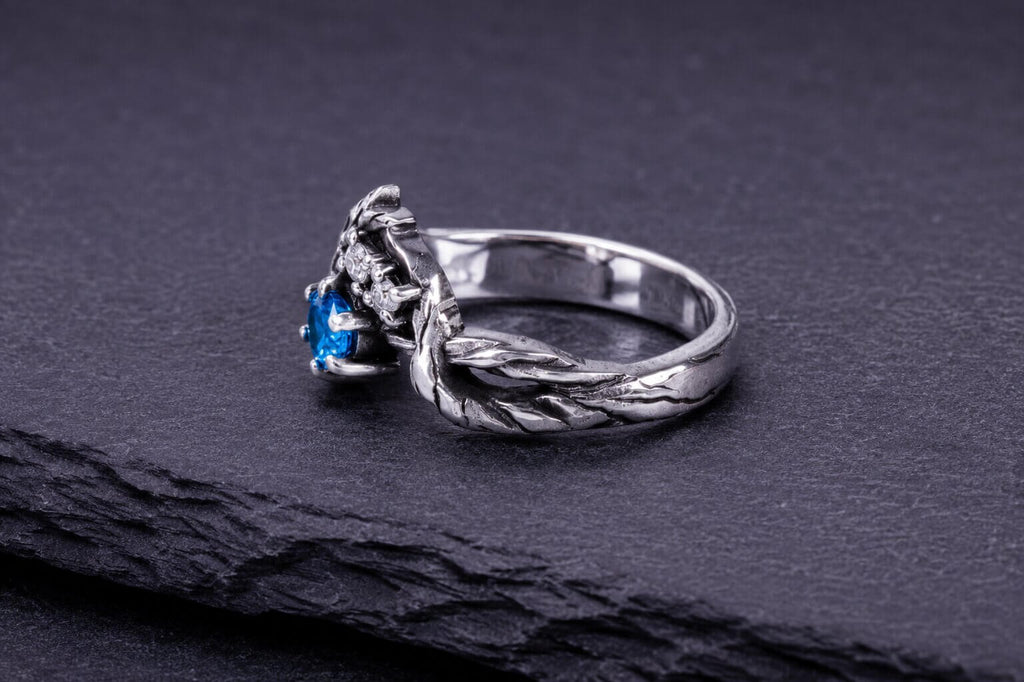 Silver Leaf Ring Blue Cubic Zirconia